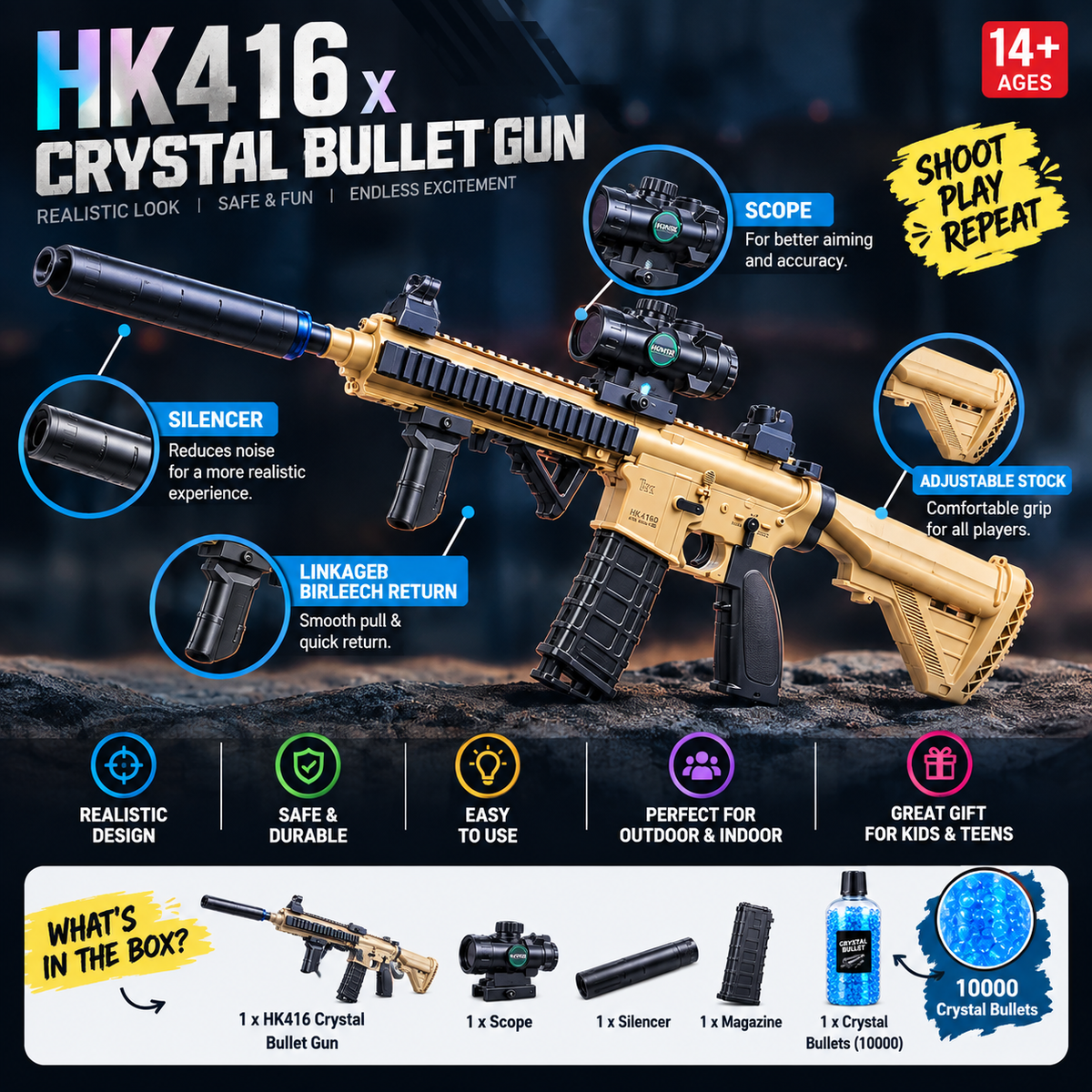 HK416 Crystal Bullet Toy Gun with Scope & Magazine – Fun Kids Toy