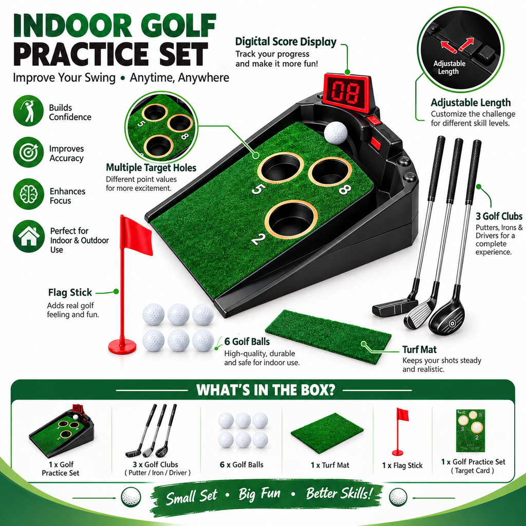 Indoor Golf Practice Set for Kids – 3 Clubs, 6 Balls & Digital Score Game