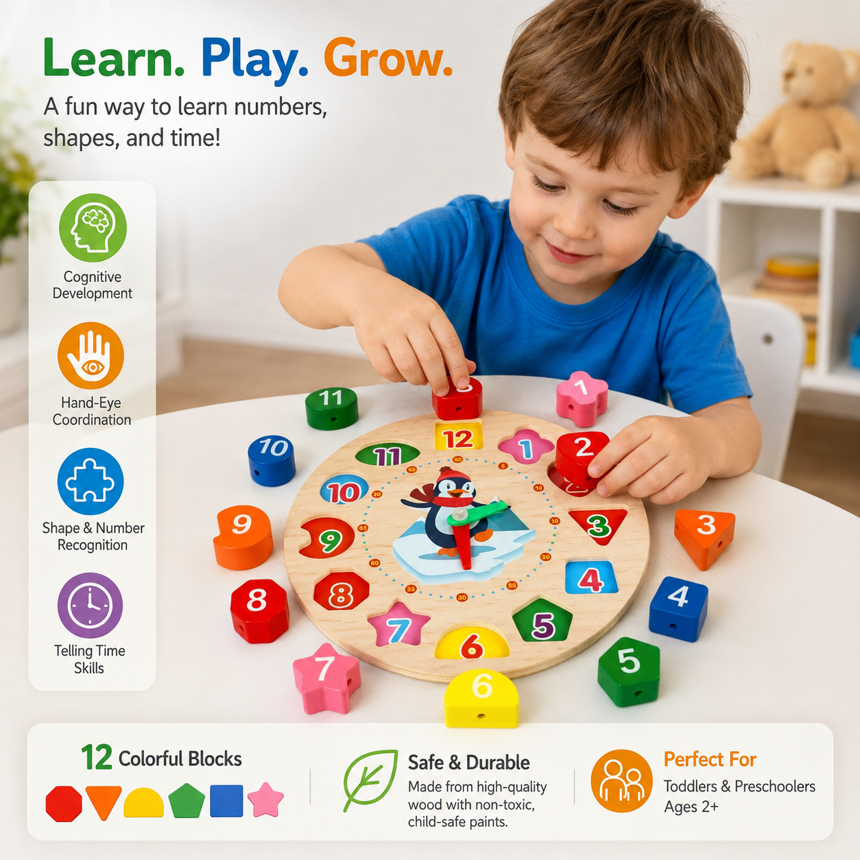 Wooden Learning Clock with Number & Shape Blocks