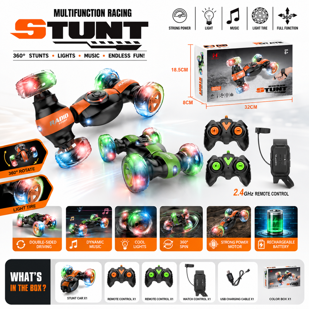 Multifunction 360° Stunt RC Car with LED Lights & Music