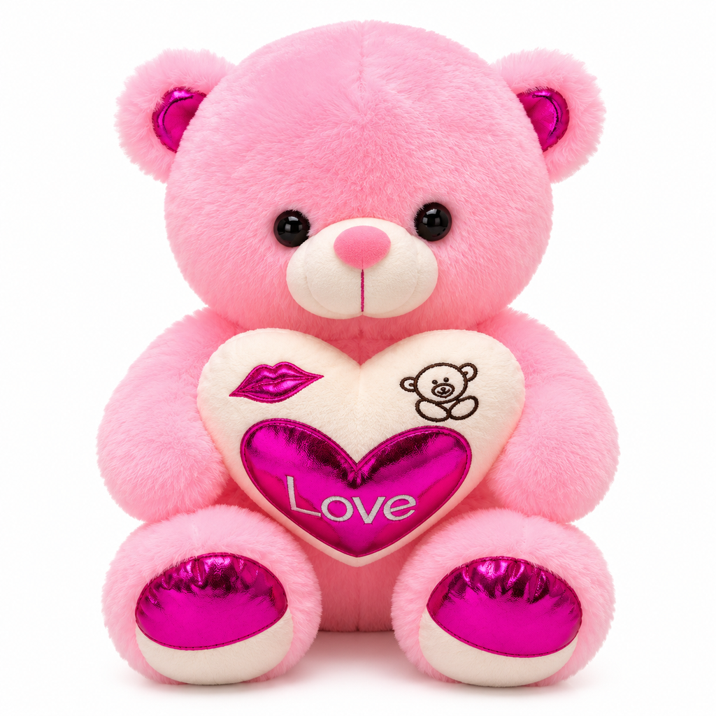 Love Heart Teddy Bear Plush – Pink & White