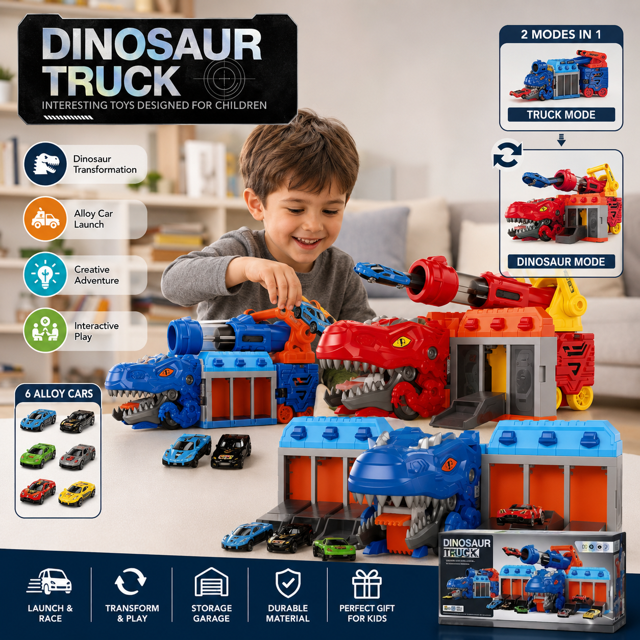 2-in-1 Dinosaur Truck Playset with 6 Alloy Cars