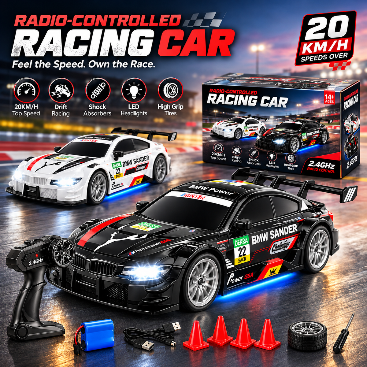 2.4GHz RC Racing Car – 20KM/H Drift Remote Control Car with LED Lights