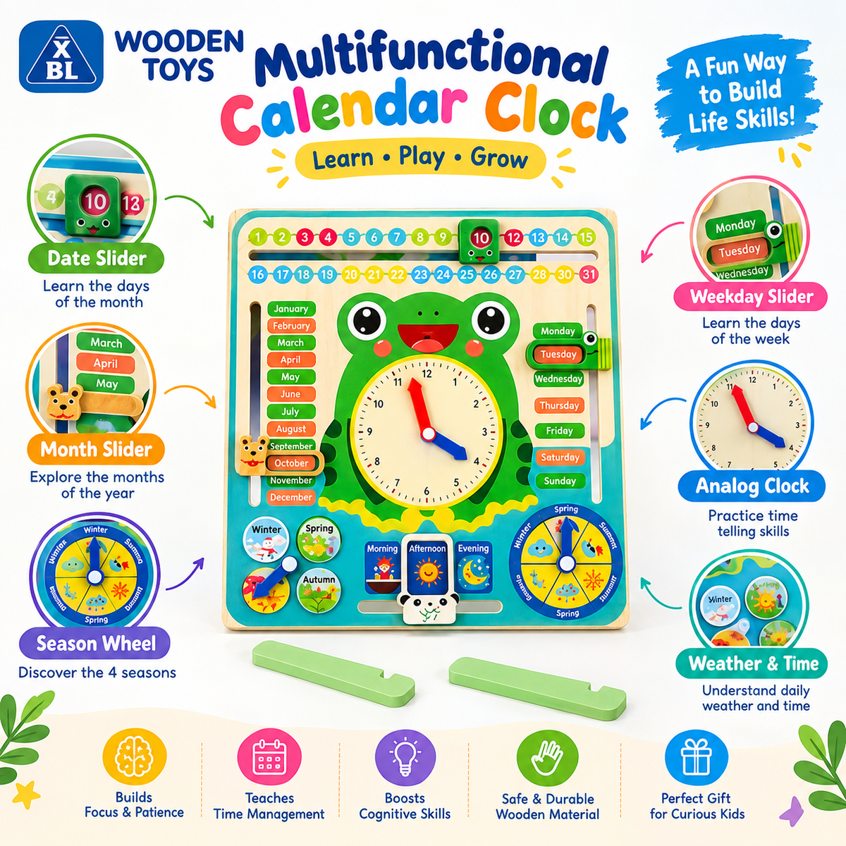 Multifunctional Wooden Calendar Clock & Weather Board