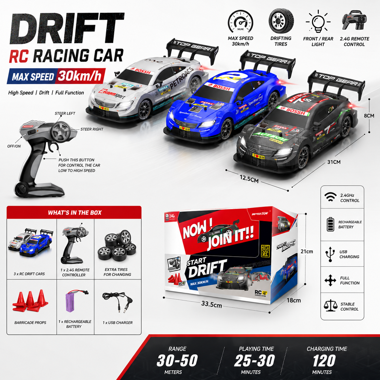RC Drift Racing Car 30KM/H – 2.4G Remote Control Stunt & Drift Car