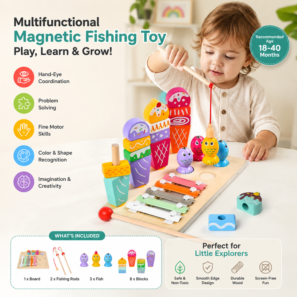 Wooden Multifunctional Magnetic Fishing Ice Cream Montessori Toy