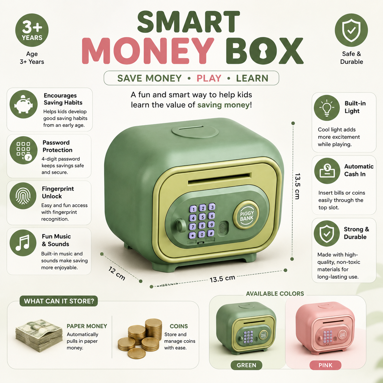 Smart Money Box for Kids – Password Piggy Bank with Fingerprint Unlock