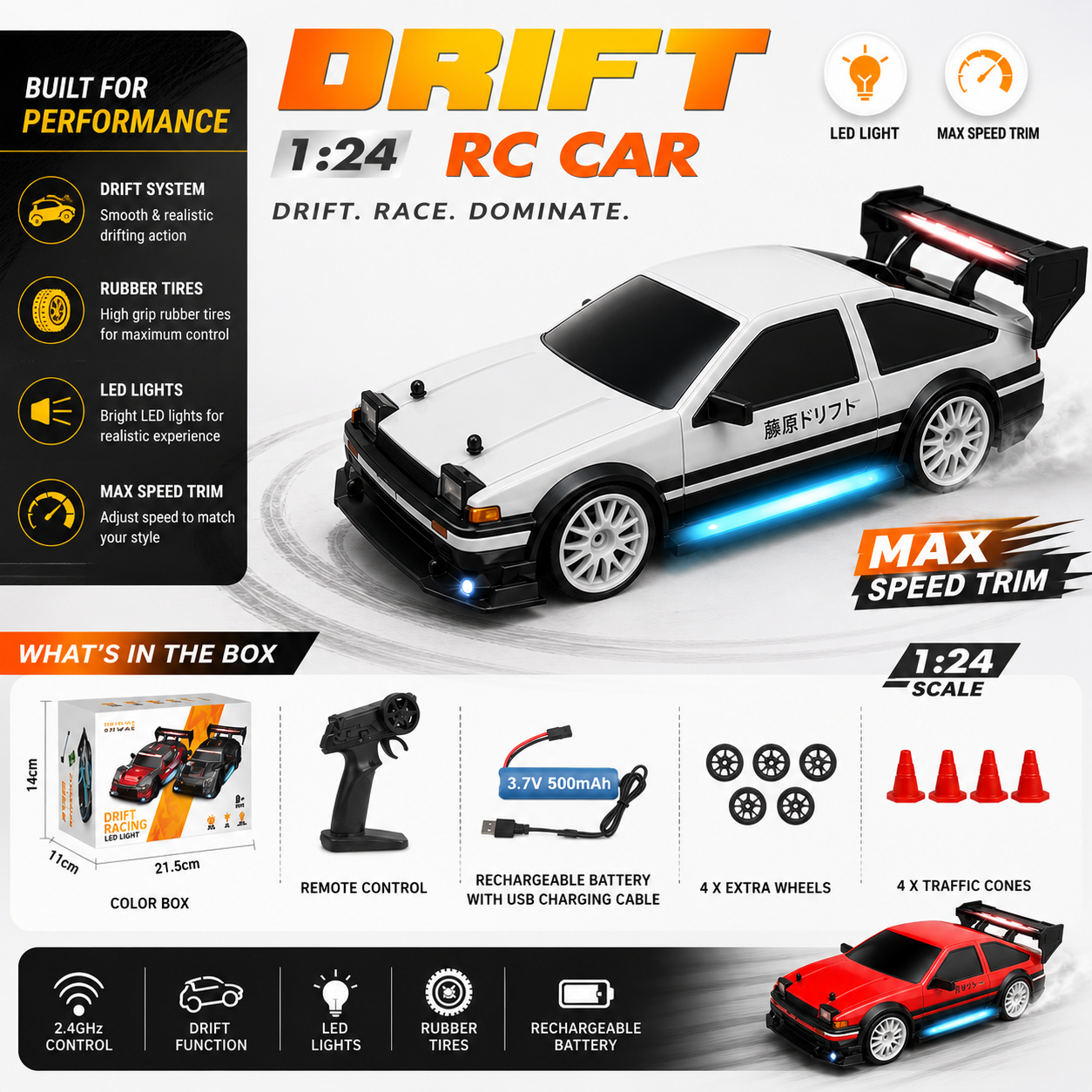 1:24 RC Drift Car with LED Lights & Rechargeable