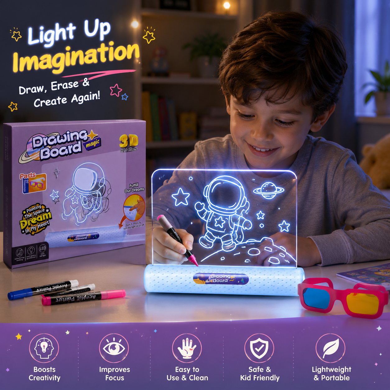 Drawing Board Magic 3D LED Light-Up Drawing Board for Kids