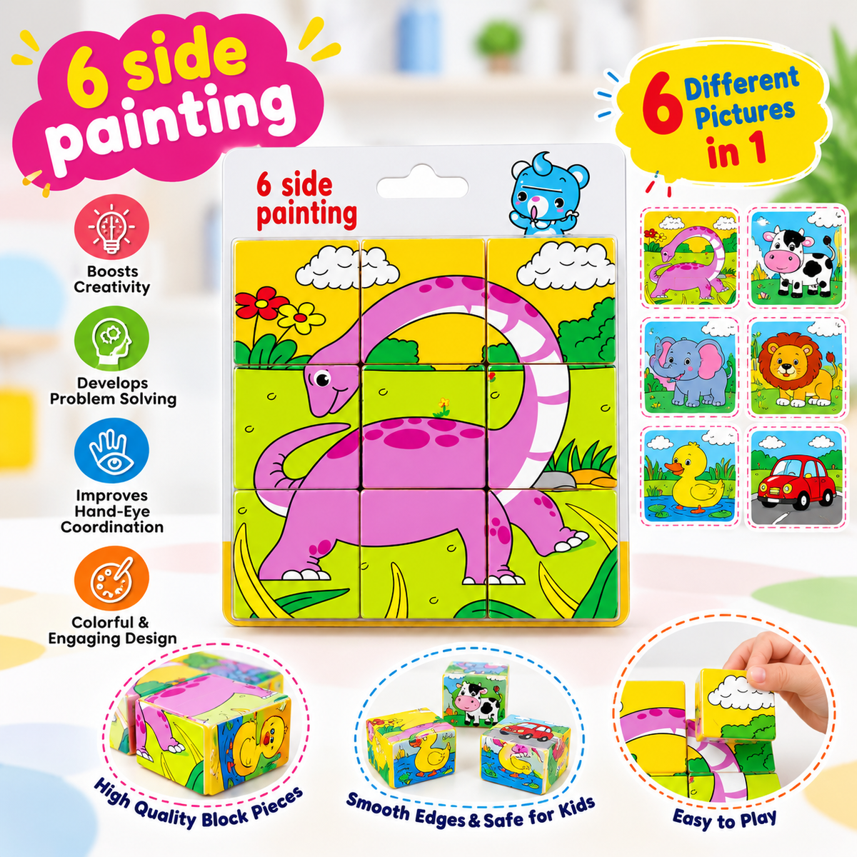 6-Sided Cartoon Puzzle Blocks – Montessori Educational Learning Toy for Kids