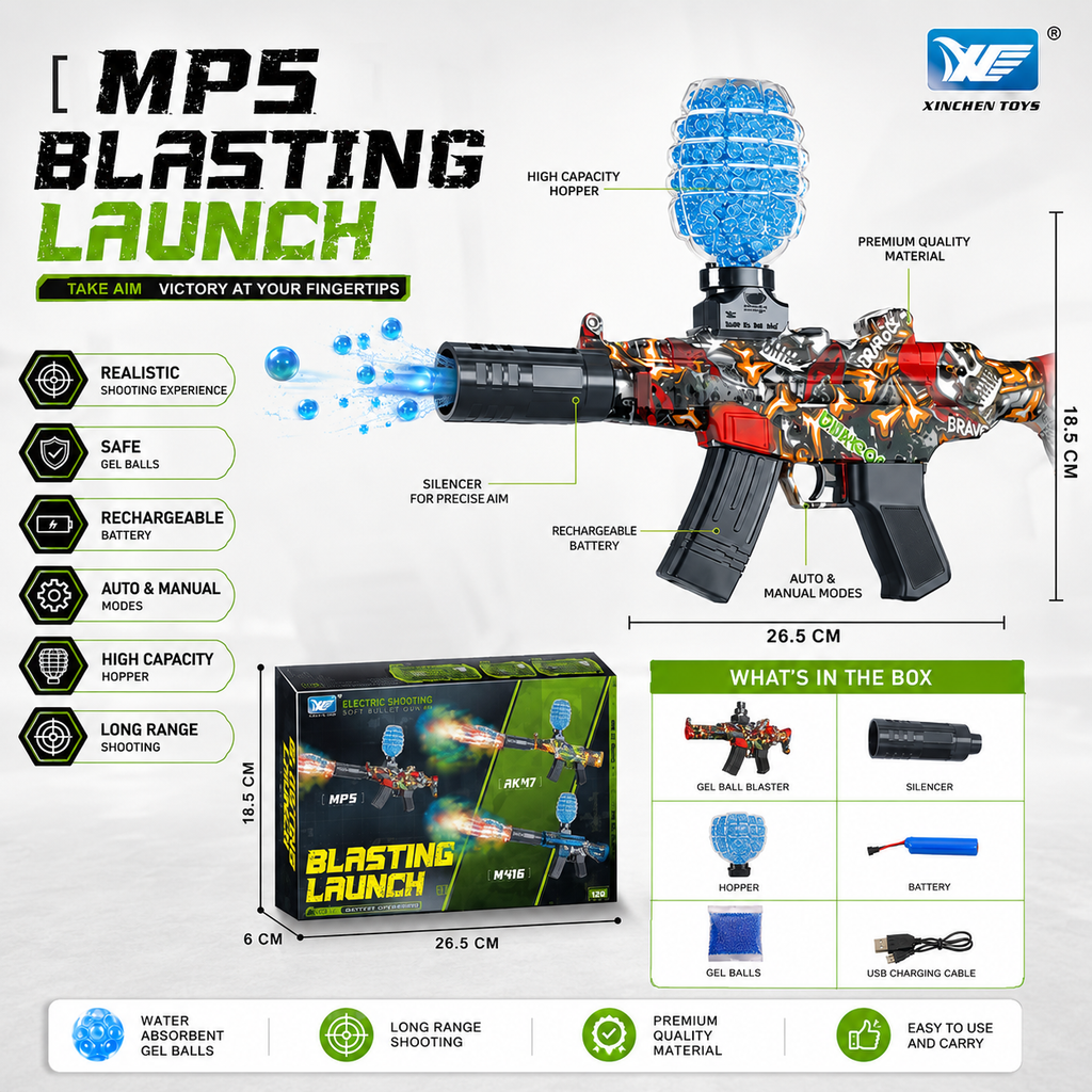 MP5 Gel Ball Blaster Gun with Rechargeable Battery & Accessories