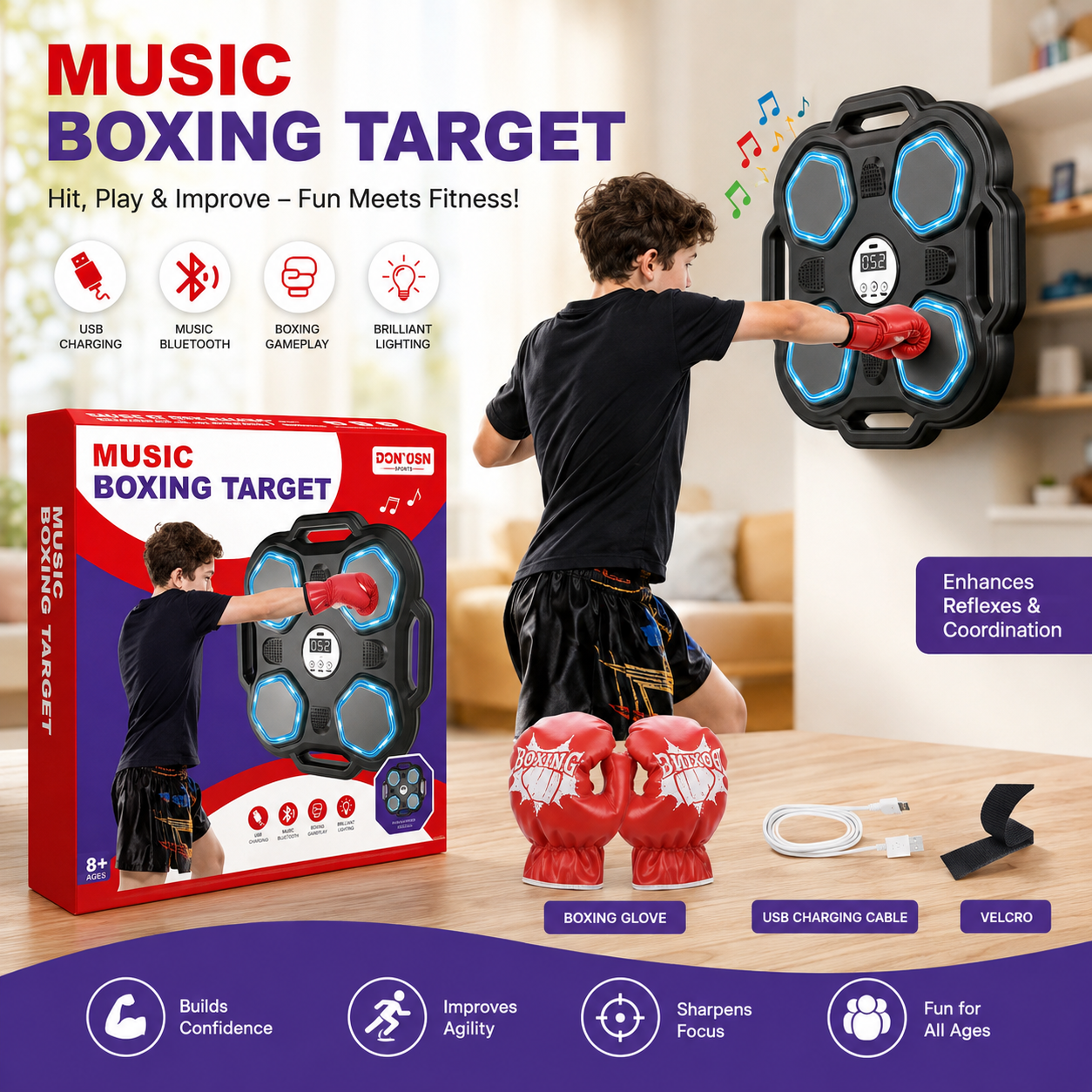 Music Boxing Target – LED Smart Boxing & Music Game for Kids & Adults