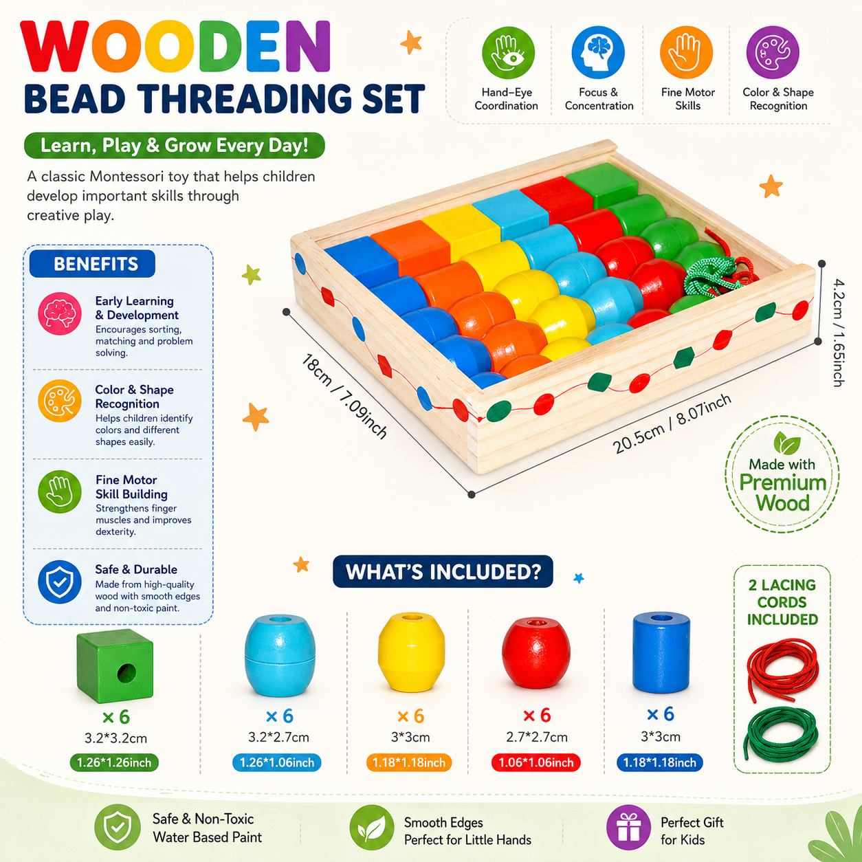 Wooden Lacing Bead Threading Set