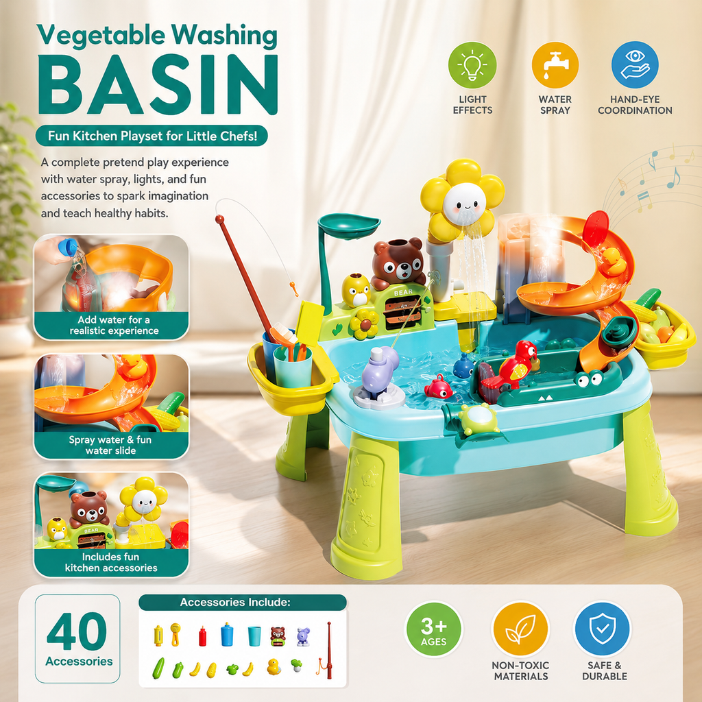 Kids Vegetable Washing Basin Playset with Water Spray & 40 Accessories