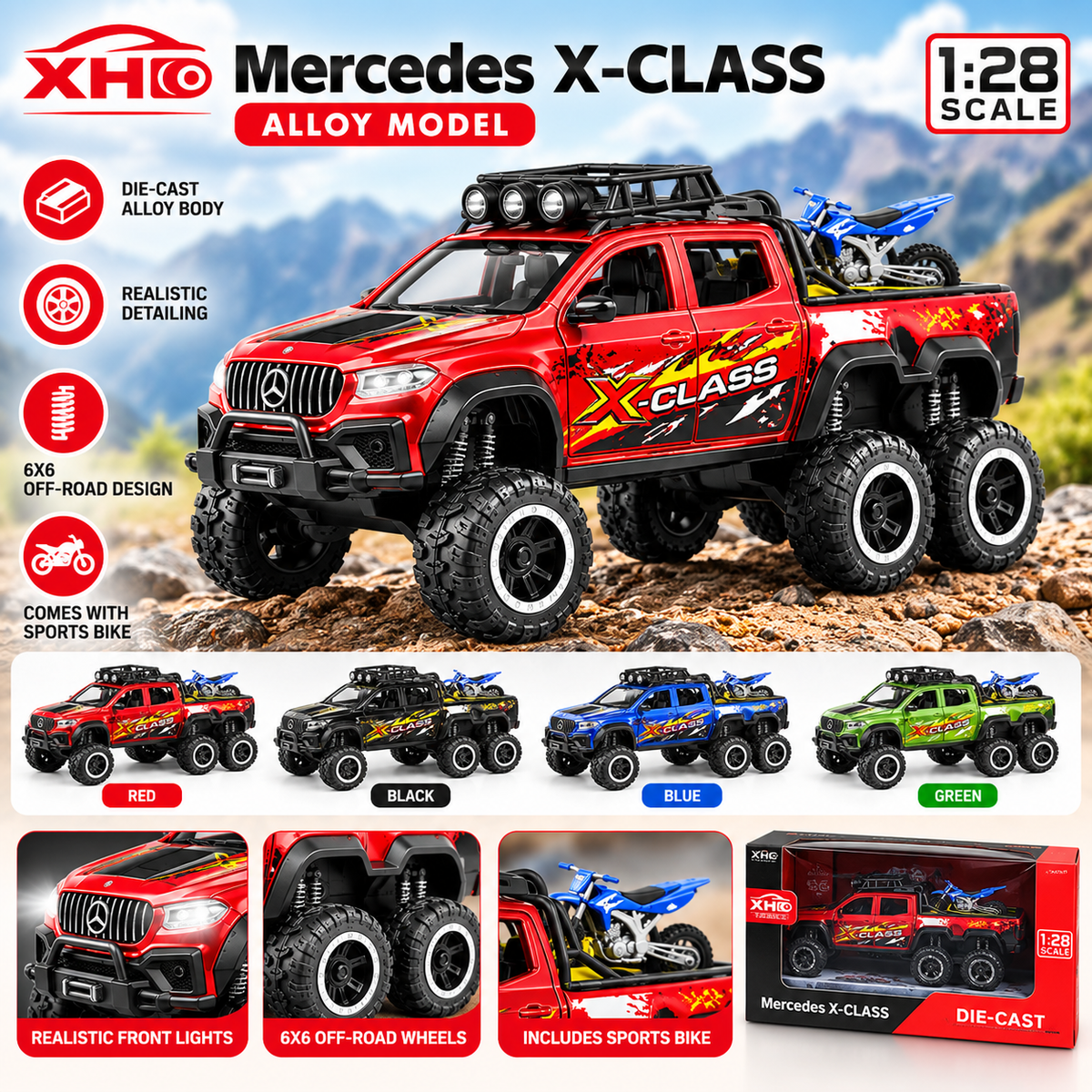 Mercedes X-Class 6x6 Die-Cast Alloy Monster Truck with Sports Bike – 1:28 Scale