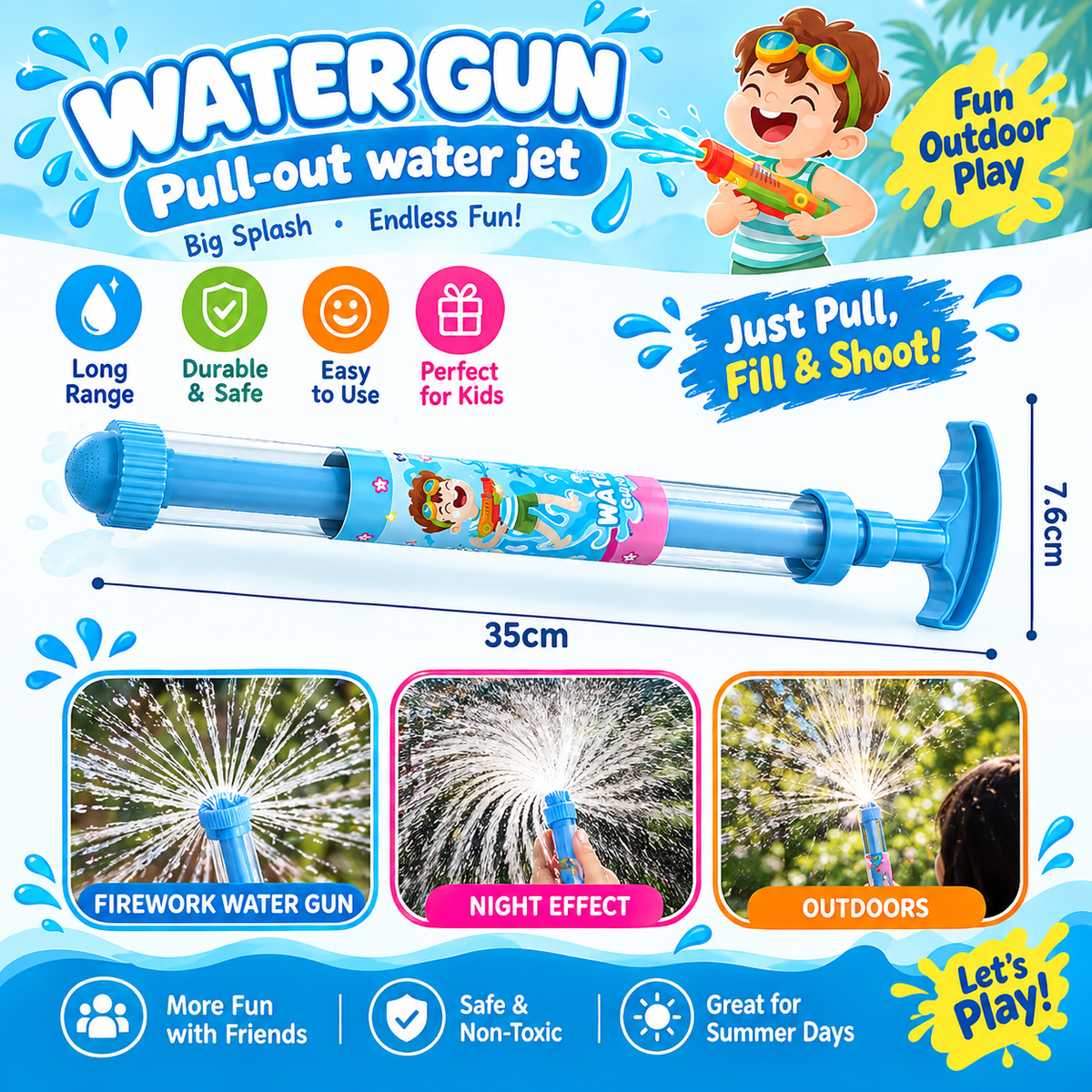 Pull-Out Water Gun for Kids – 35cm Firework Water Jet