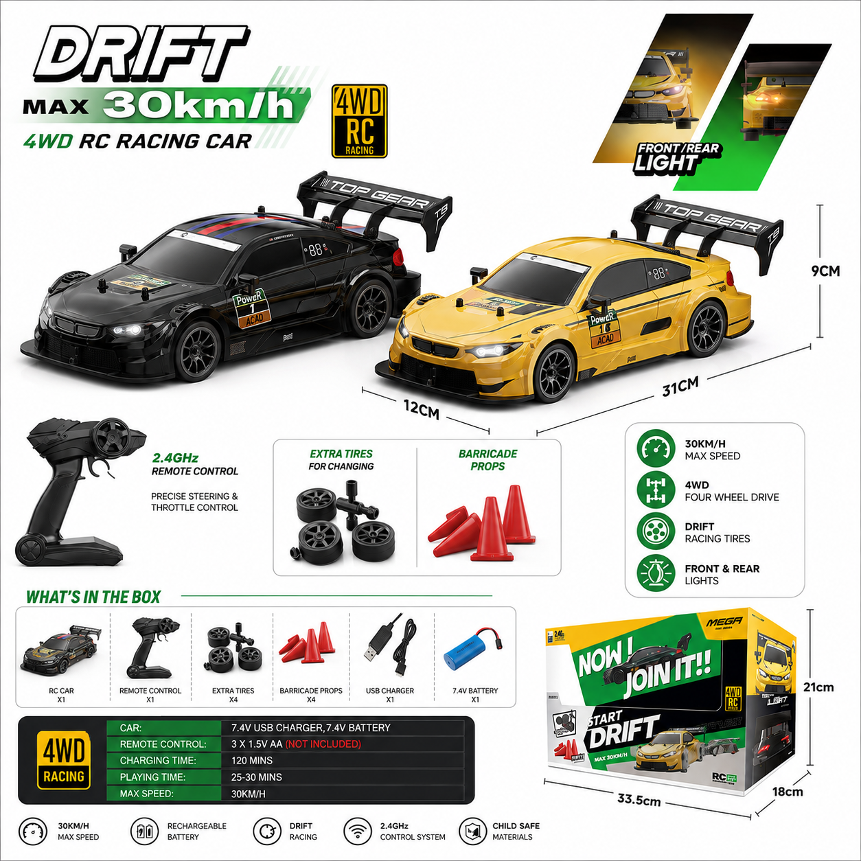 4WD RC Drift Racing Car – 30KM/H Remote Control Car with LED Lights