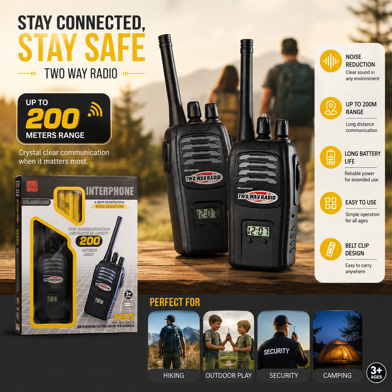 Kids Walkie Talkie Set – 200M Long Range Two Way Radio - 2pcs