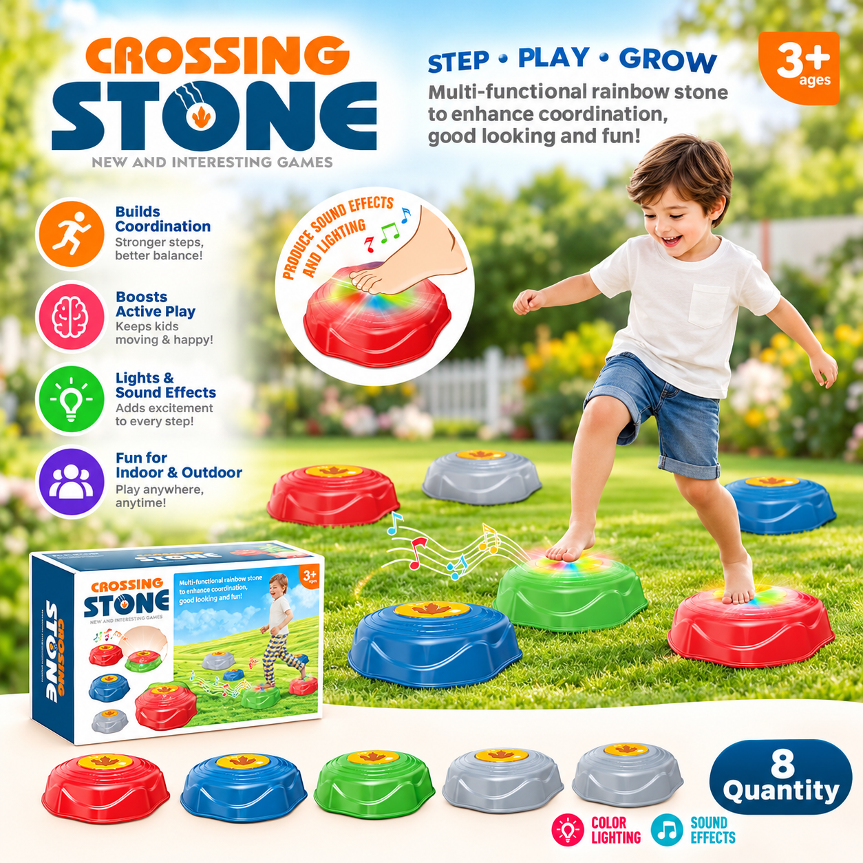 8-Piece Musical Crossing Stone Balance Set for Kids - Light & Sound Stepping Stones