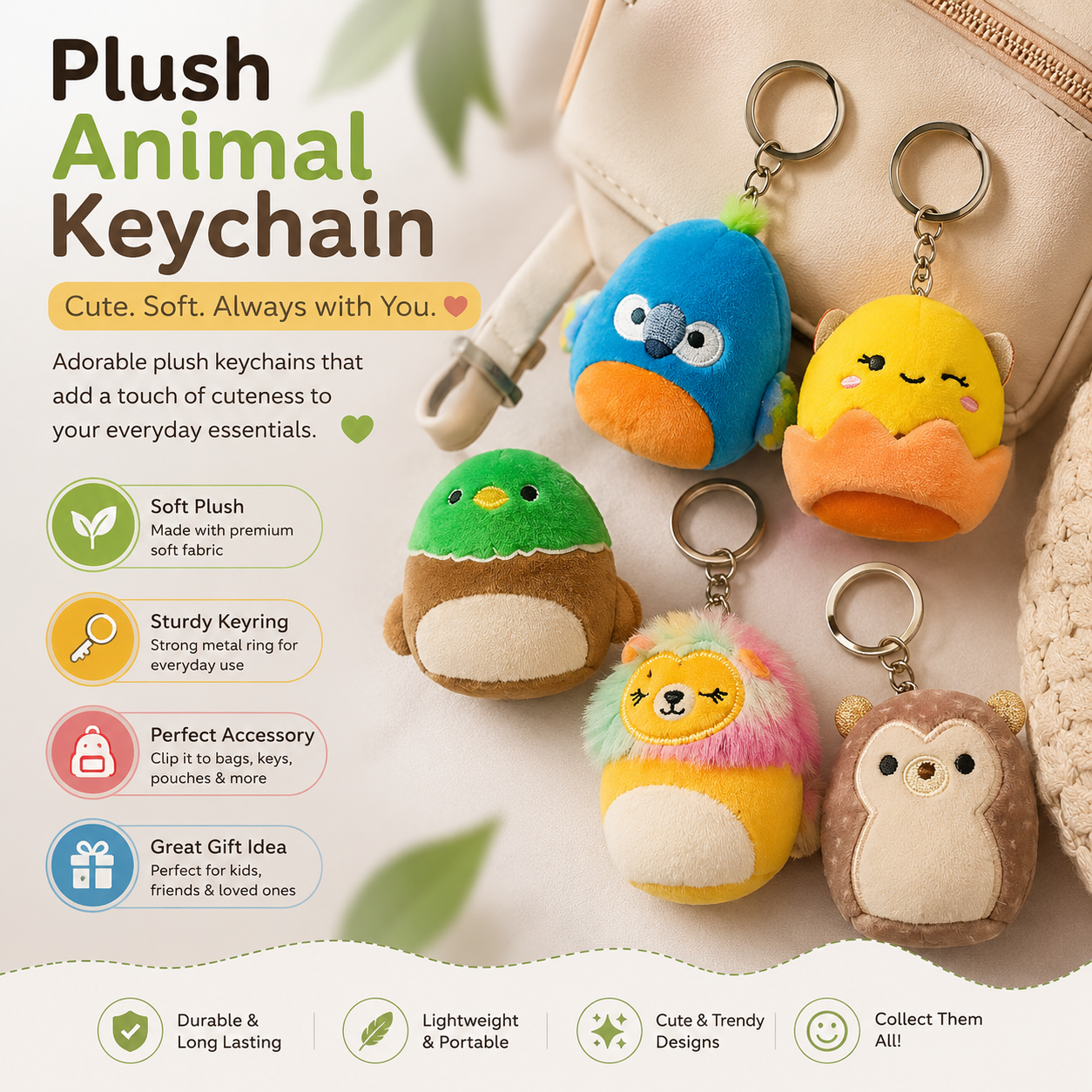 Original Mini Plush Keychains – Cute Kawaii Soft Bag Charms