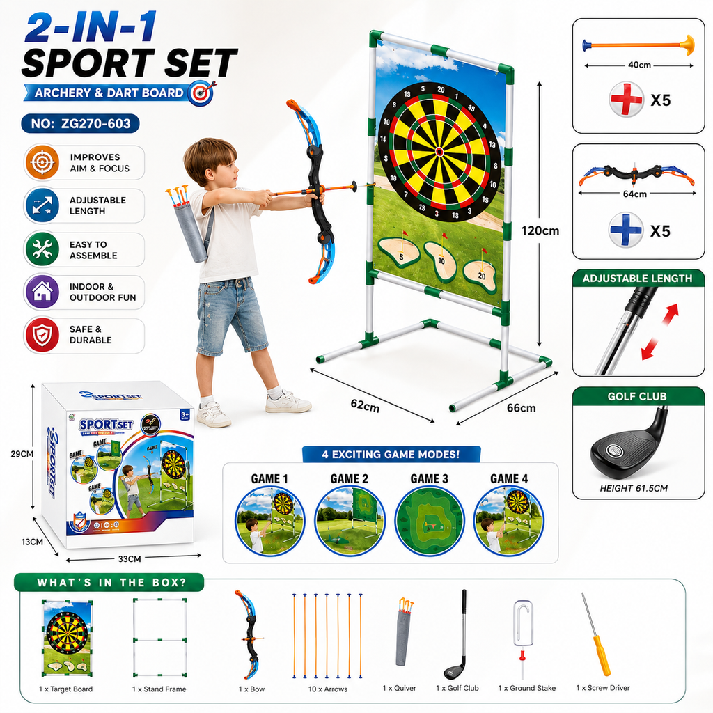 2-in-1 Kids Archery, Dart Board & Golf Sport Set