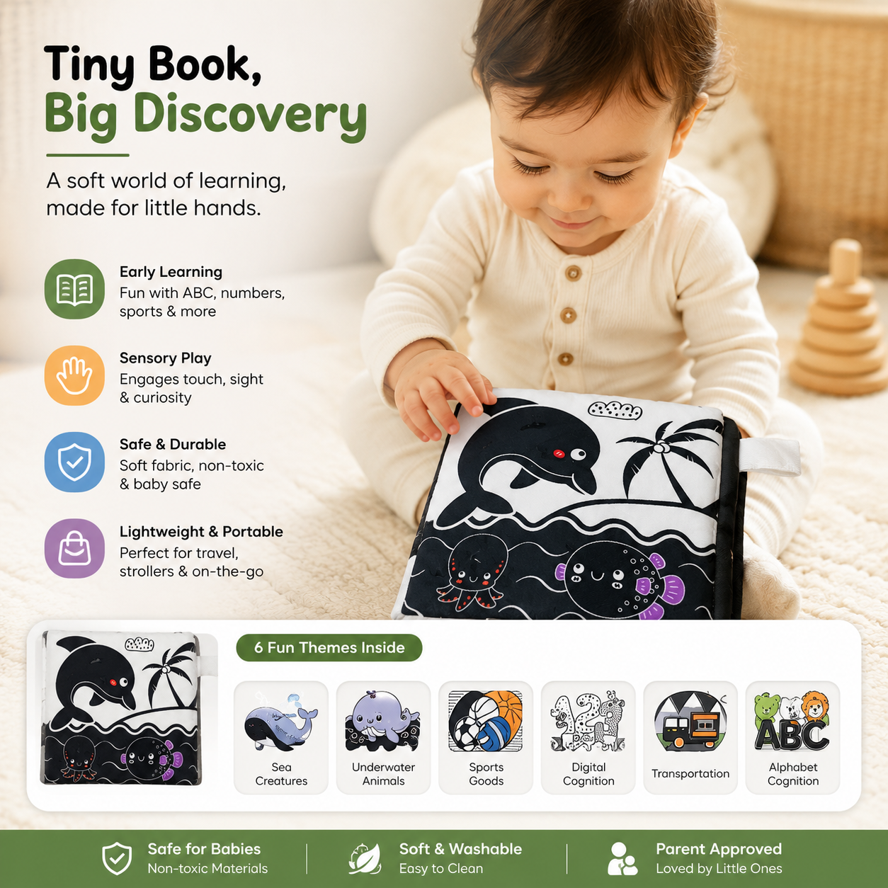 Baby Soft Cloth Book – High Contrast Sensory Educational Fabric Book