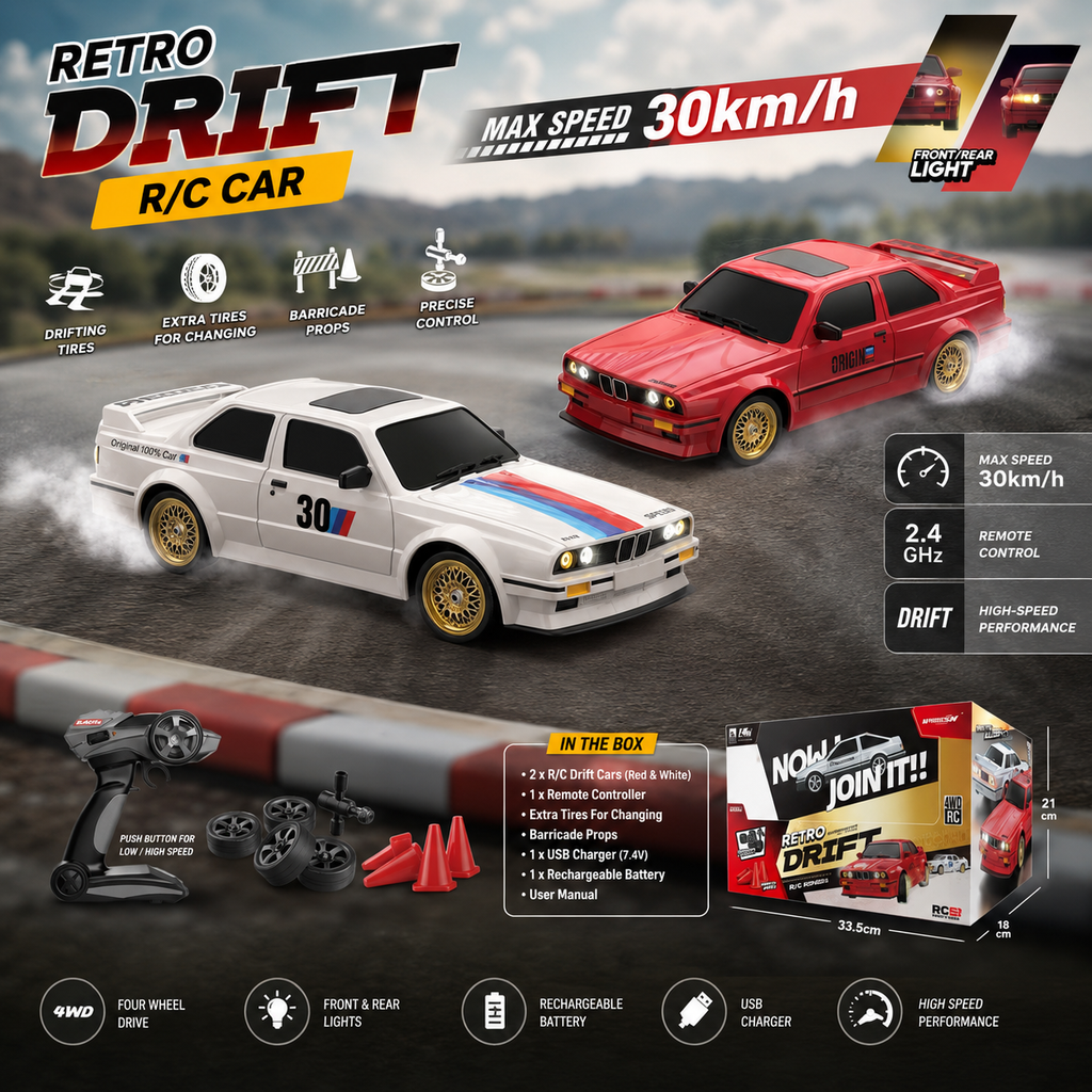 Retro Drift R/C Car Set – 30KM/H 4WD Remote Control Racing Cars
