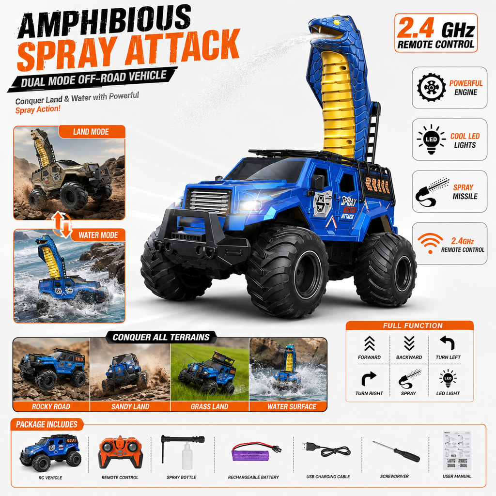 2.4GHz Amphibious RC Cobra Spray Monster Truck with Gesture Control