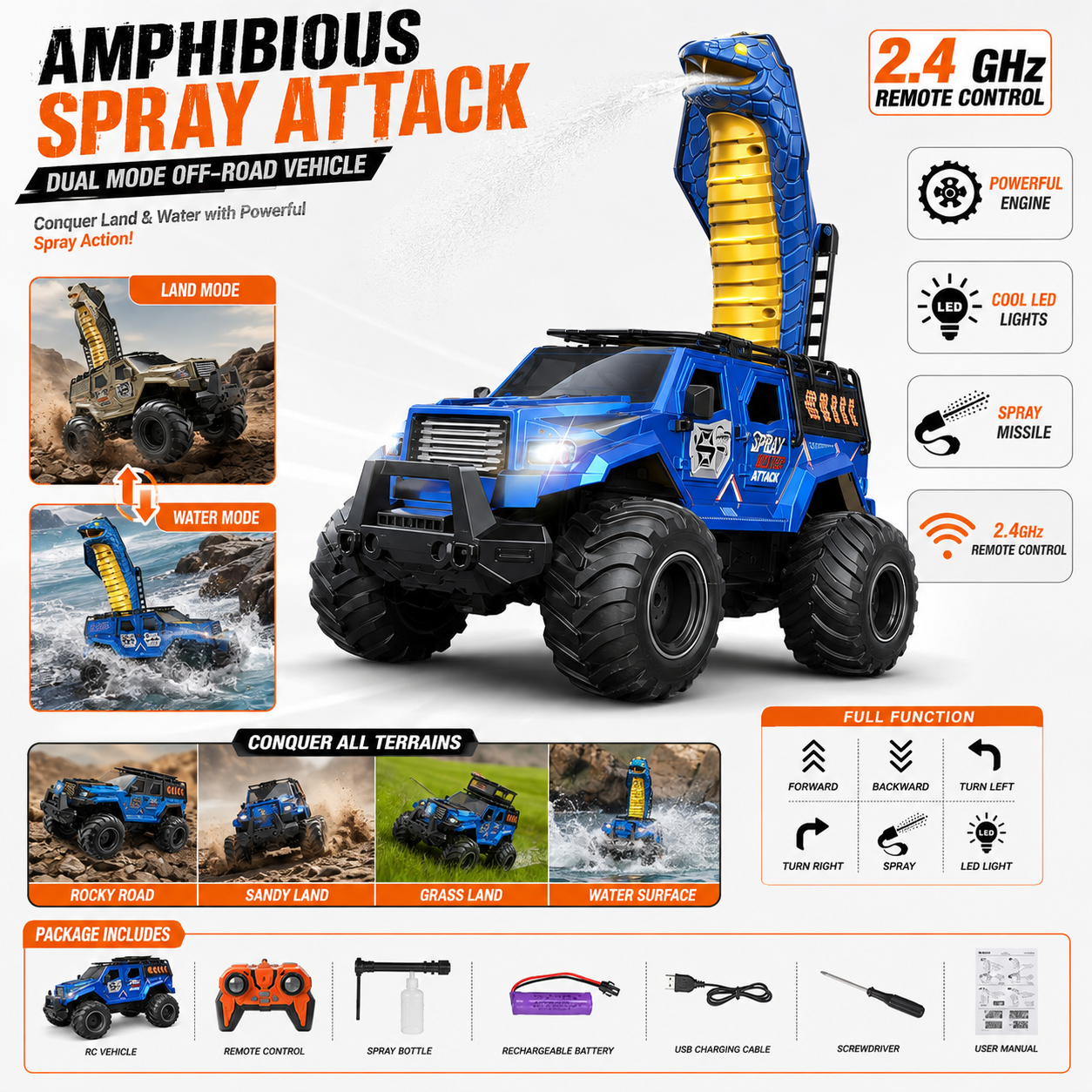 2.4GHz Amphibious RC Cobra Spray Monster Truck with Gesture Control