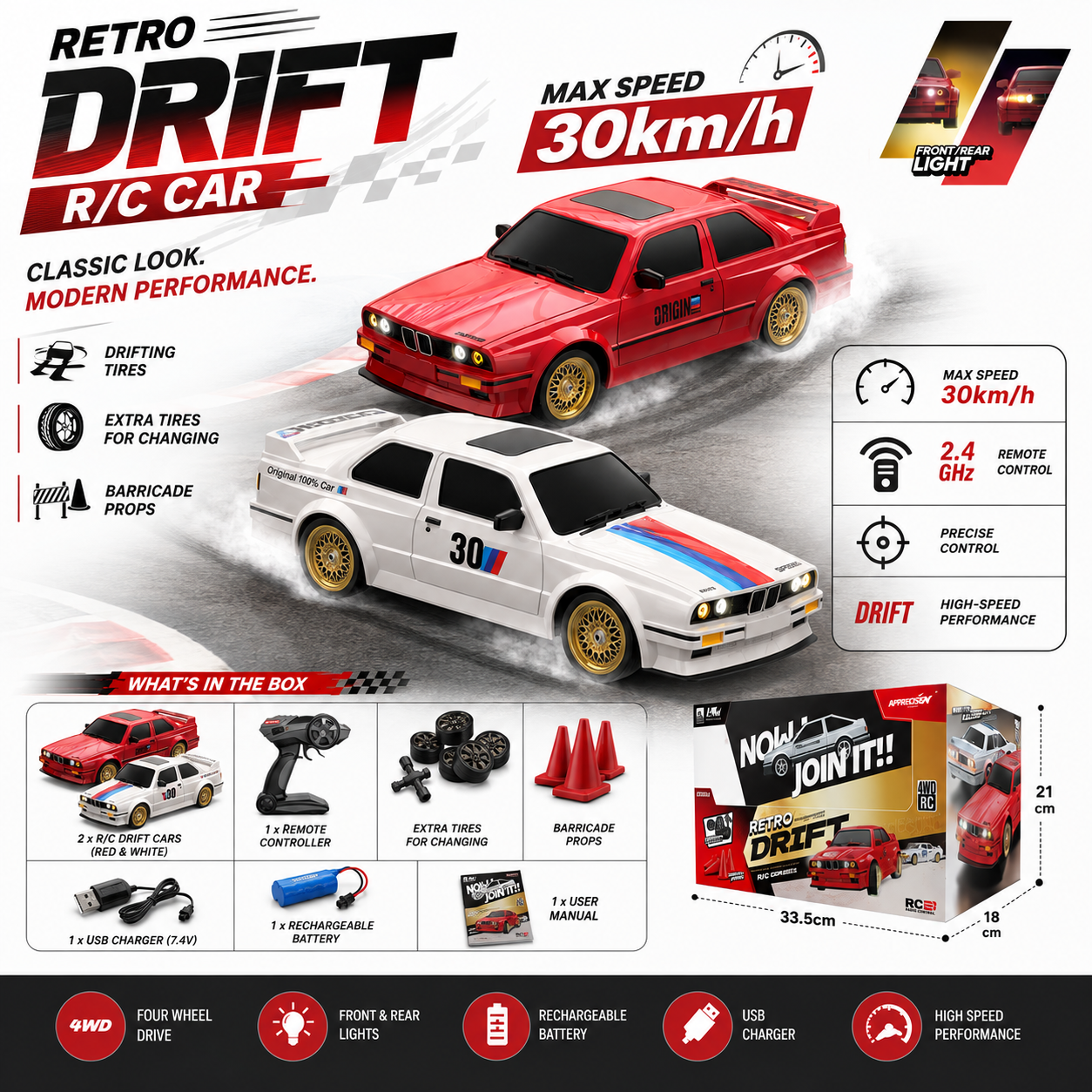 Retro Drift R/C Car Set – 30KM/H 4WD Remote Control Racing Cars