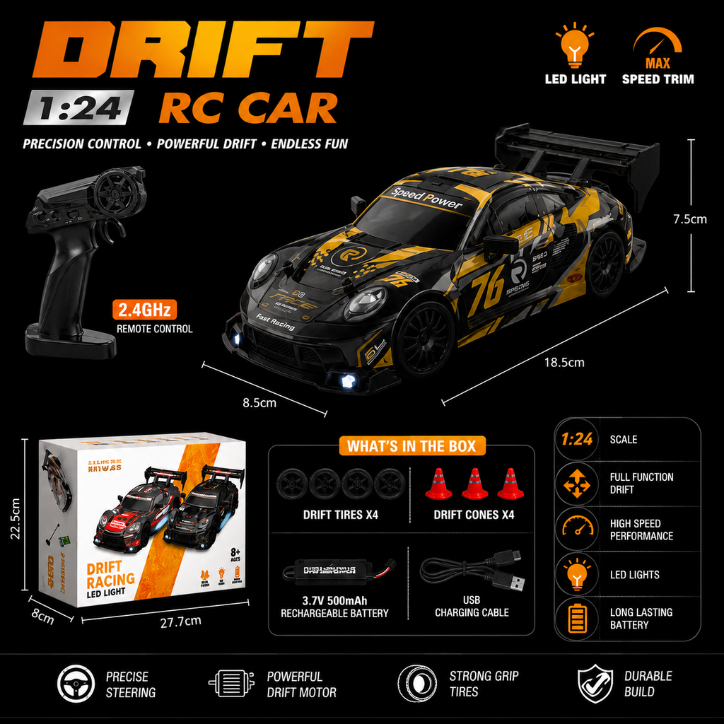 1:24 Drift RC Car with LED Lights – 2.4GHz Remote Control Racing Toy