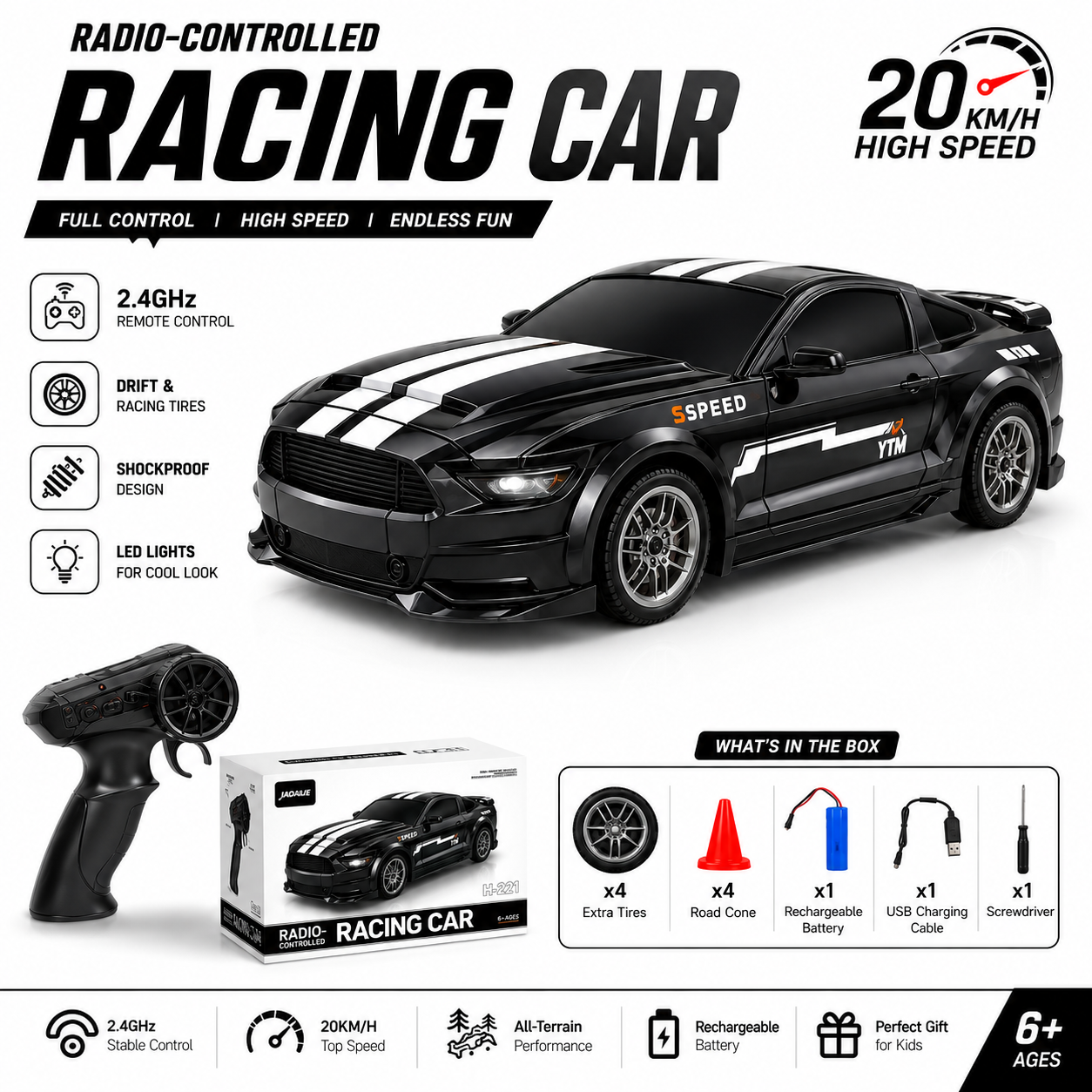2.4GHz High-Speed RC Racing Car – 20KM/H Drift & LED Remote Control