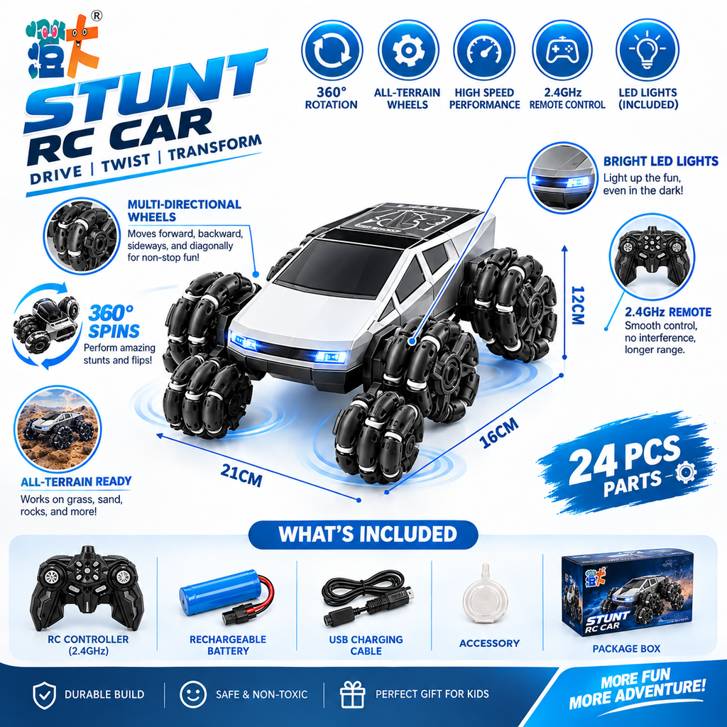 Stunt RC Car with 360° Spins, LED Lights & 2.4GHz Remote Control