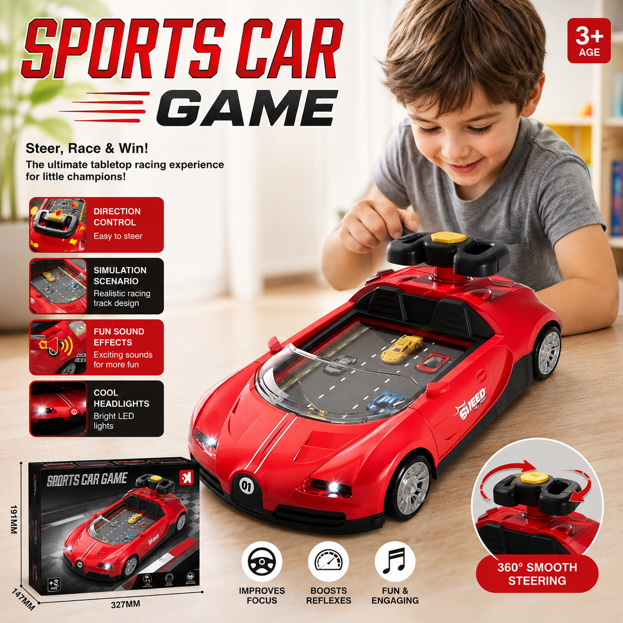 Sports Car Game for Kids – 360° Steering Racing Toy