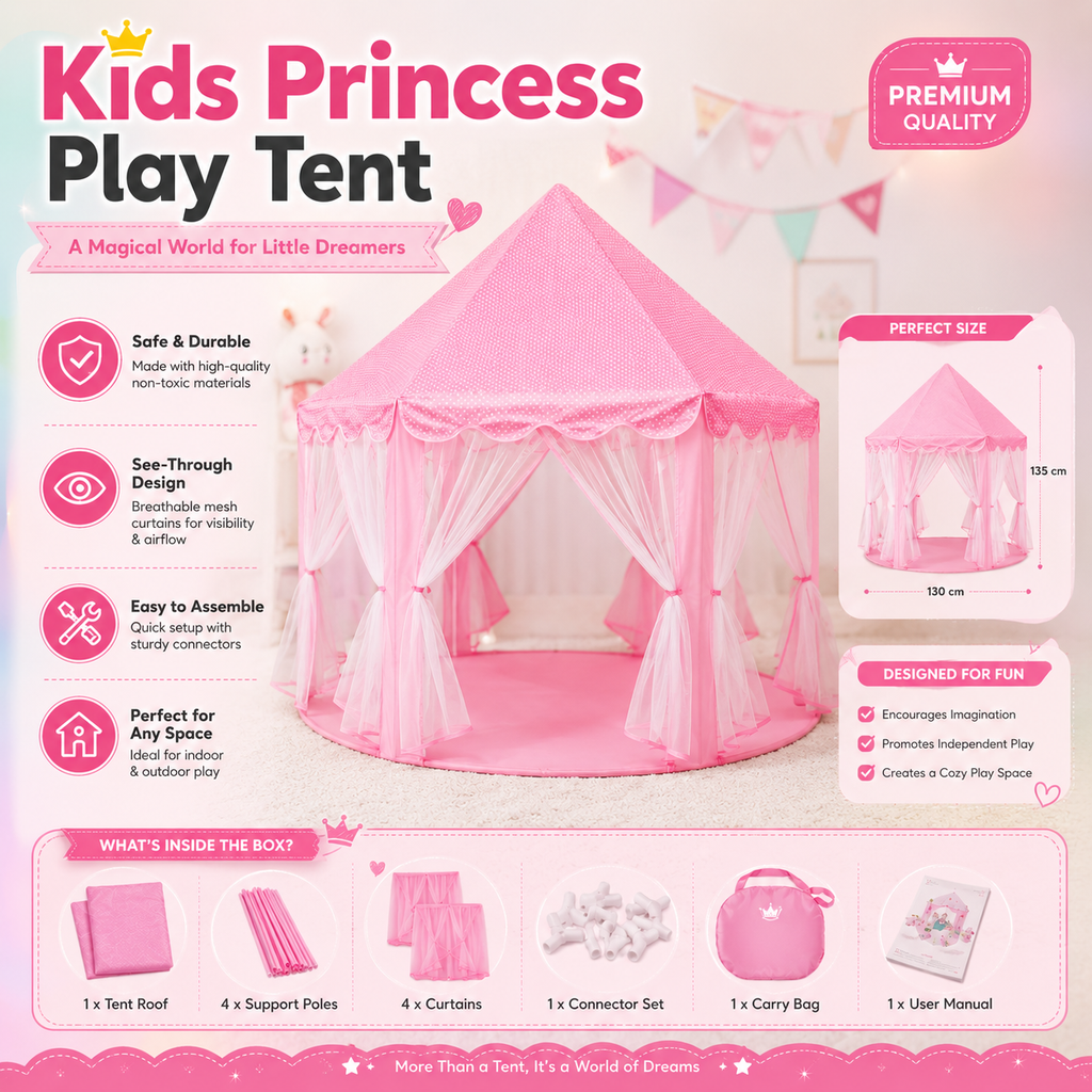 Kids Princess Play Tent House with Curtains - Indoor Playhouse for Girls