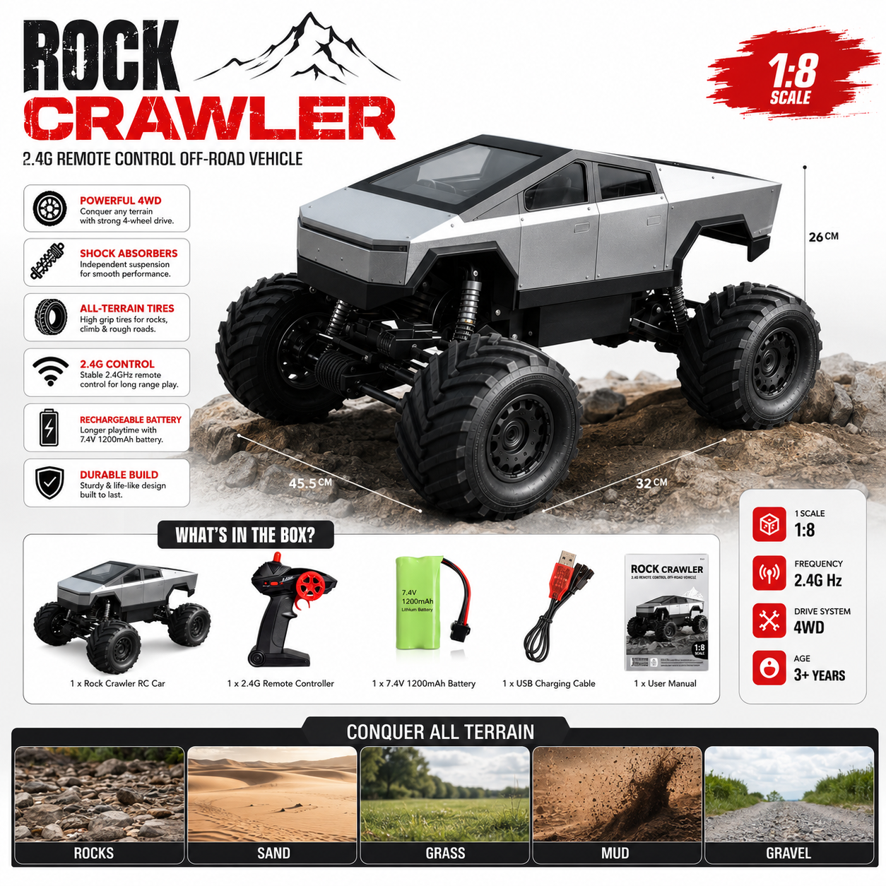 1:8 Rock Crawler 4WD RC Off-Road Truck with 2.4GHz Remote & Rechargeable Battery