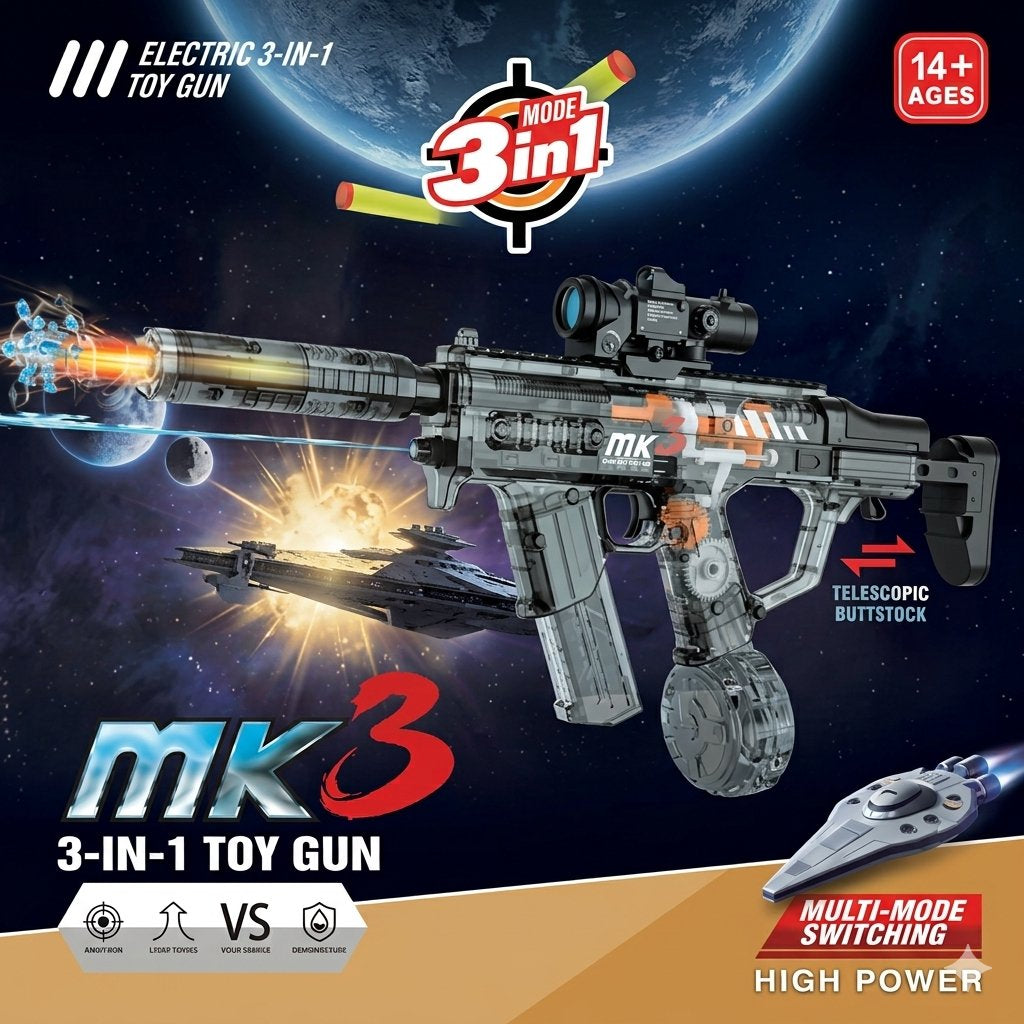 Electric 3-in-1 MK3 Toy Gun with Telescopic Stock – Multi-Mode