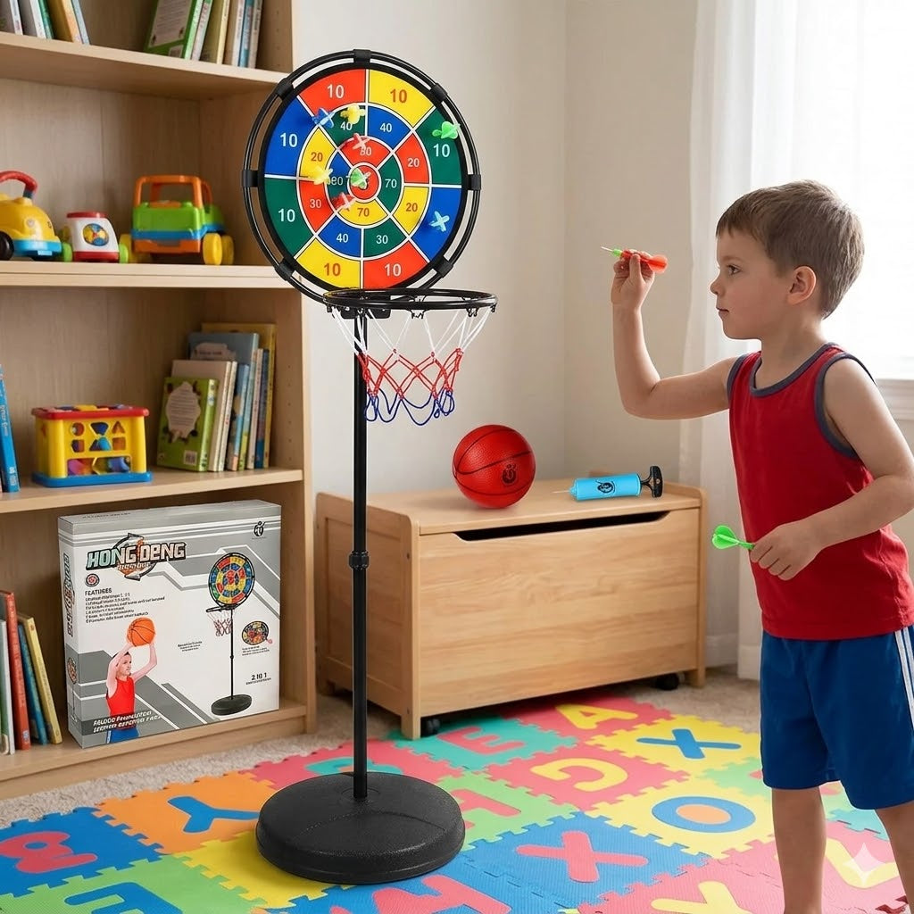 2-in-1 Kids Sports Center: Basketball Hoop & Magnetic Dartboard Game Set