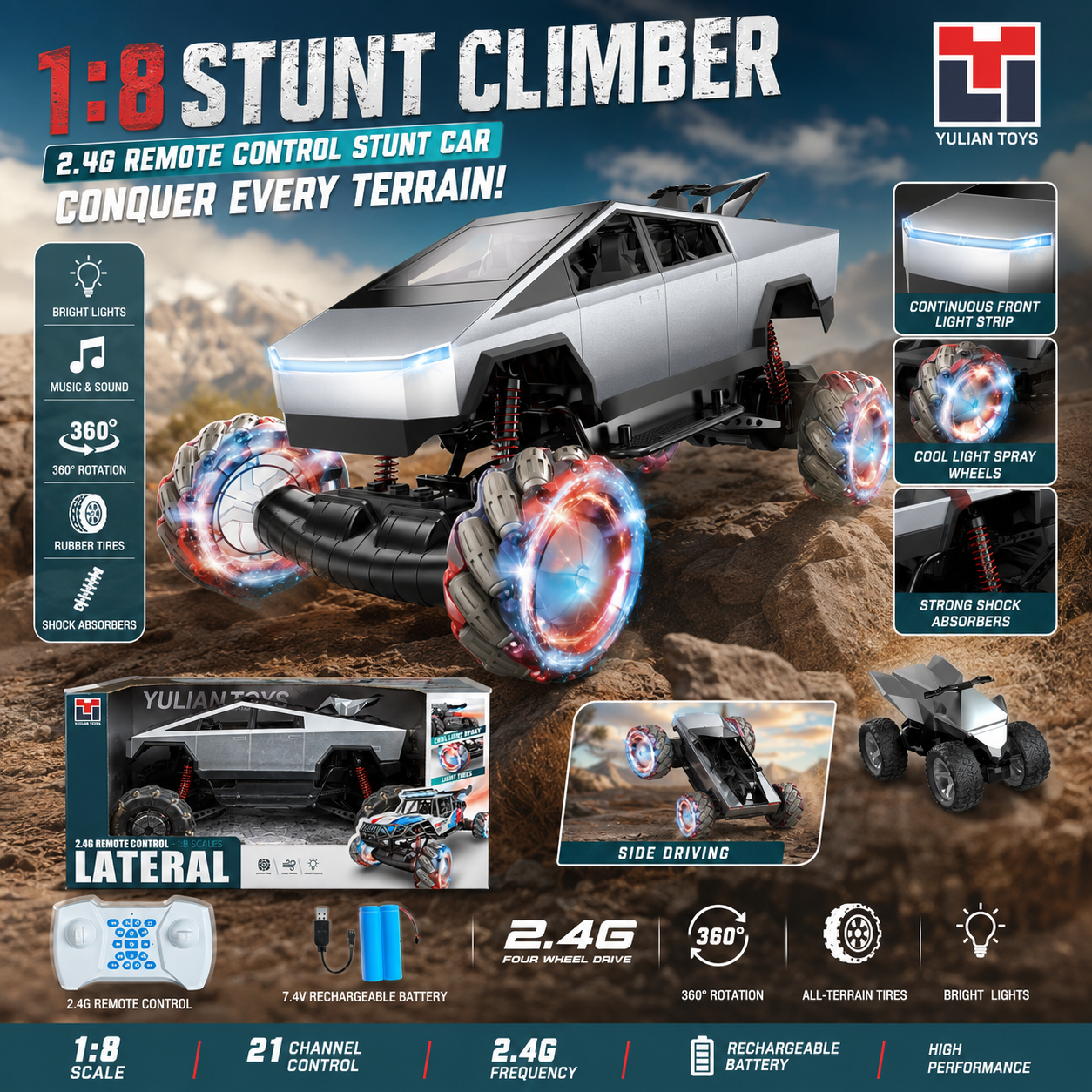 1:8 RC Stunt Climber Car with LED Lights & 360° Drift - 2.4G Remote Control