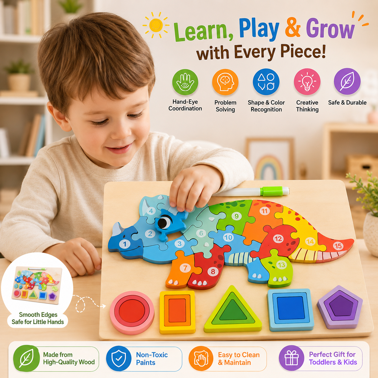 3 in 1 Wooden Multifunction Jigsaw Puzzle & Drawing Board
