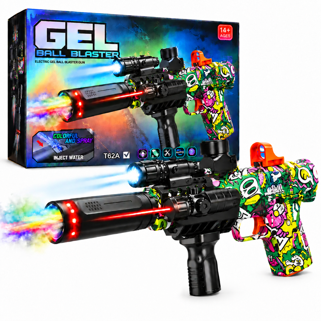 Electric Gel Ball Blaster Gun with LED Lights, Water Spray & Rechargeable Battery