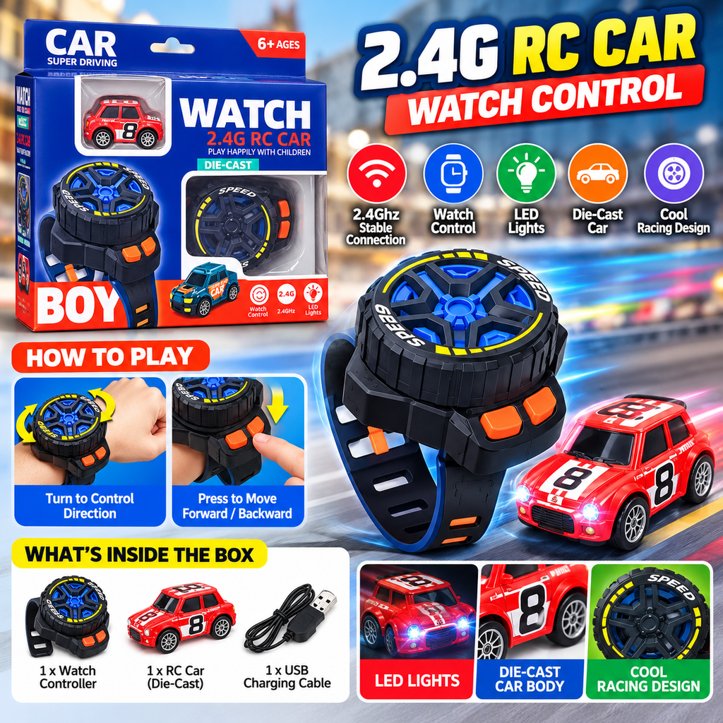 2.4G RC Watch Control Car – Die-Cast Racing Toy with LED Lights