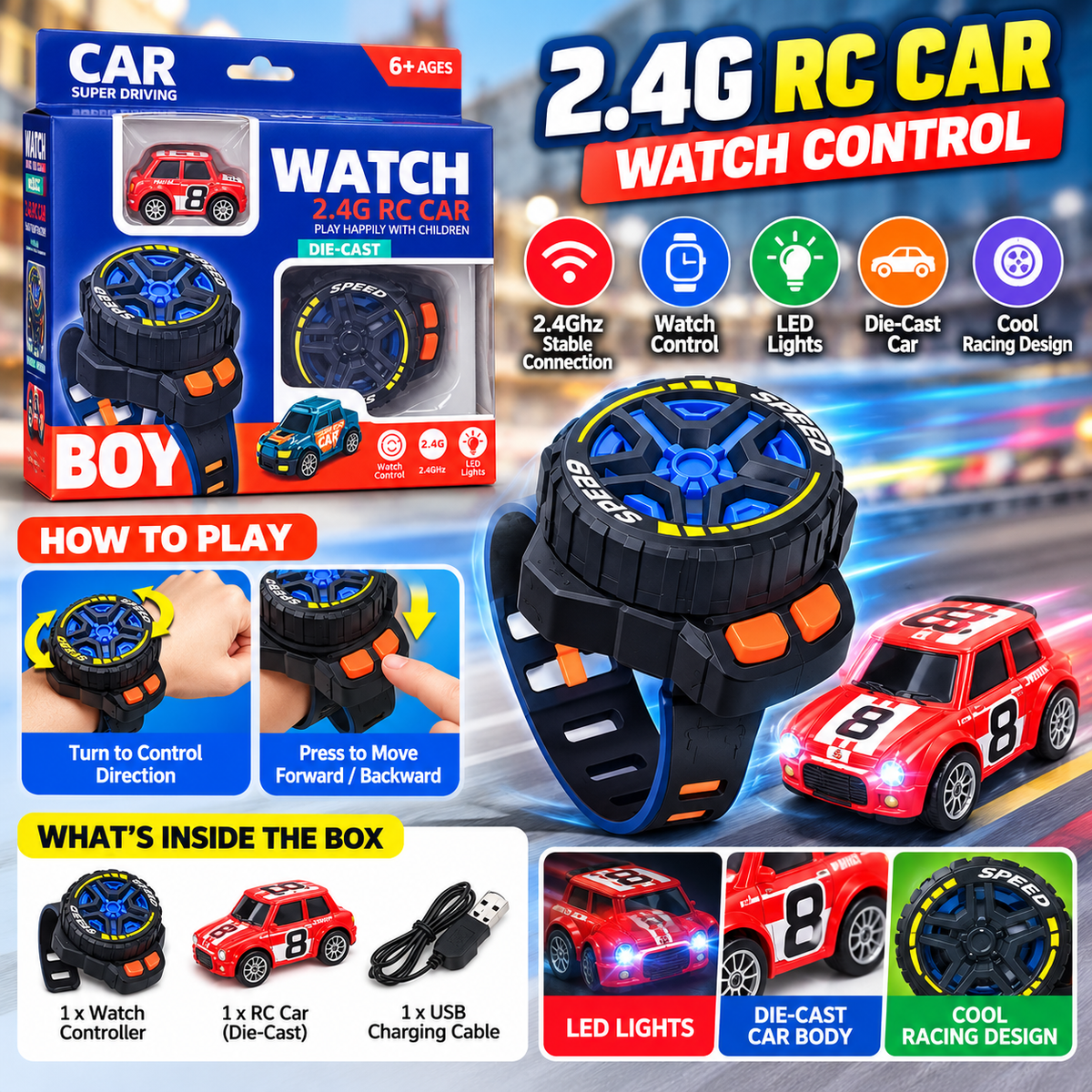2.4G RC Watch Control Car – Die-Cast Racing Toy with LED Lights