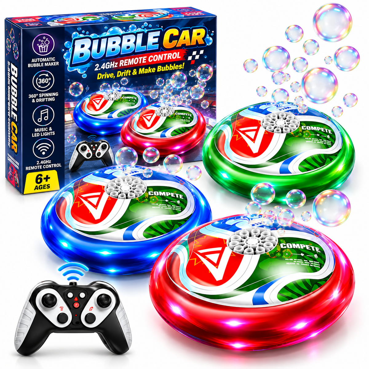 2.4GHz Remote Control Bubble Car with LED Lights, Music & Automatic Bubble Maker