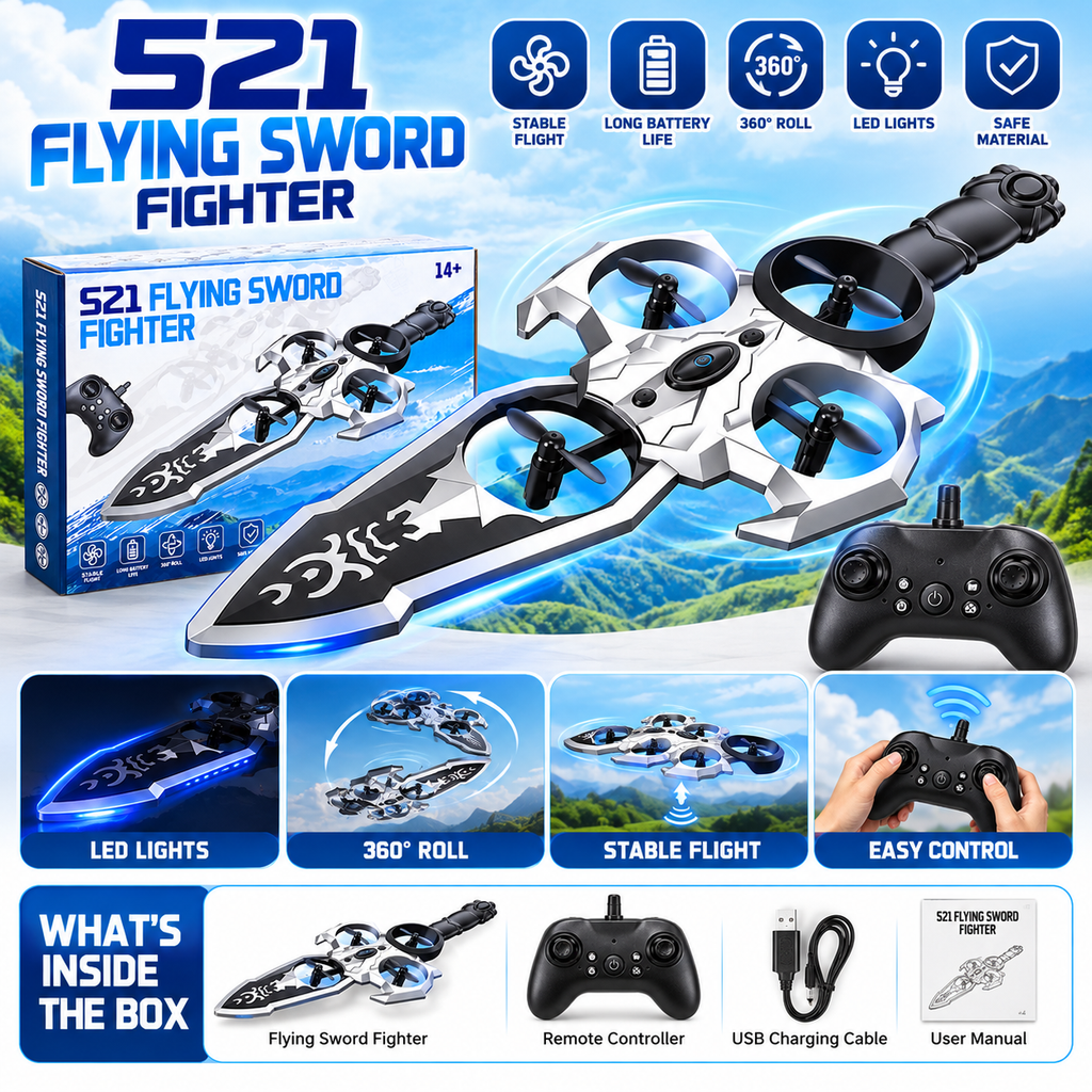 S21 Flying Sword Fighter RC Drone – 360° Stunt Flying Toy with LED Lights