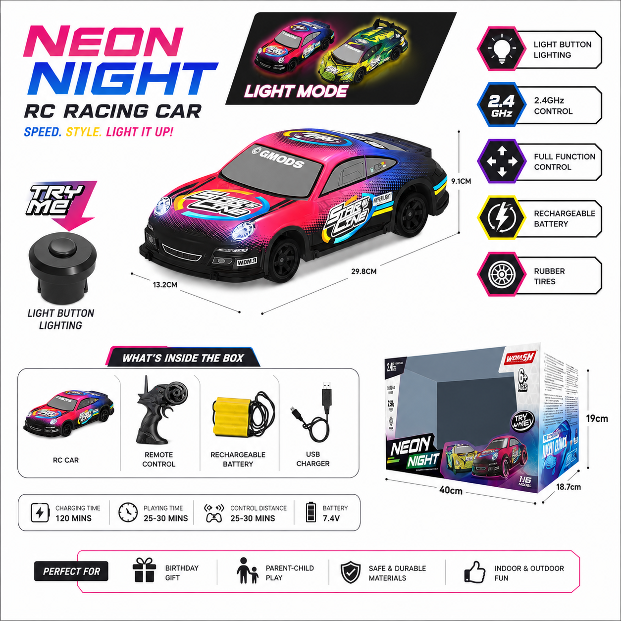 Neon Night RC Racing Car – Rechargeable Remote Control Toy