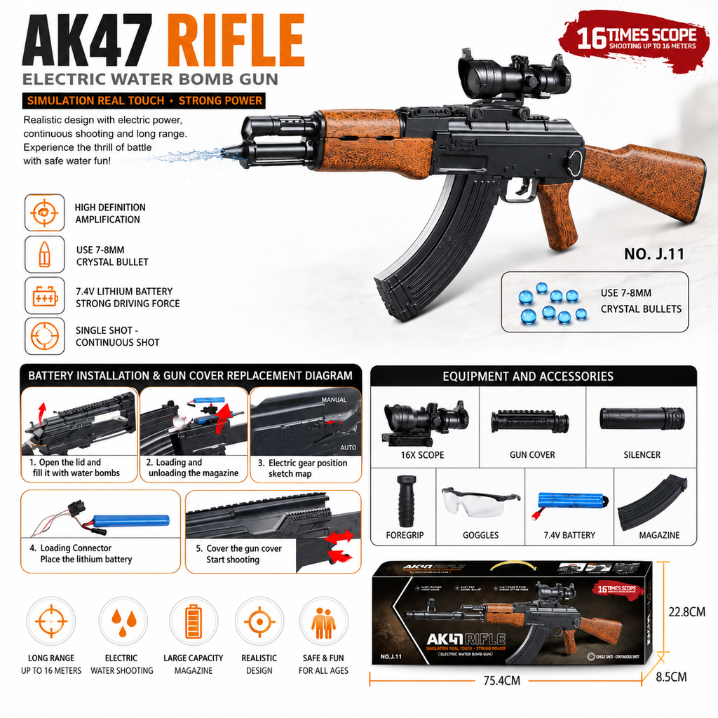 AK47 Electric Water Gel Blaster Gun with Scope & Accessories