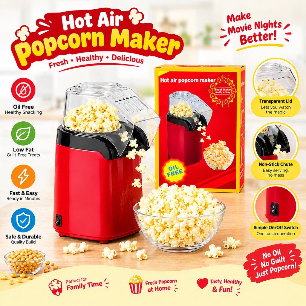 Hot Air Popcorn Maker with Adapter – Oil-Free Popcorn Machine