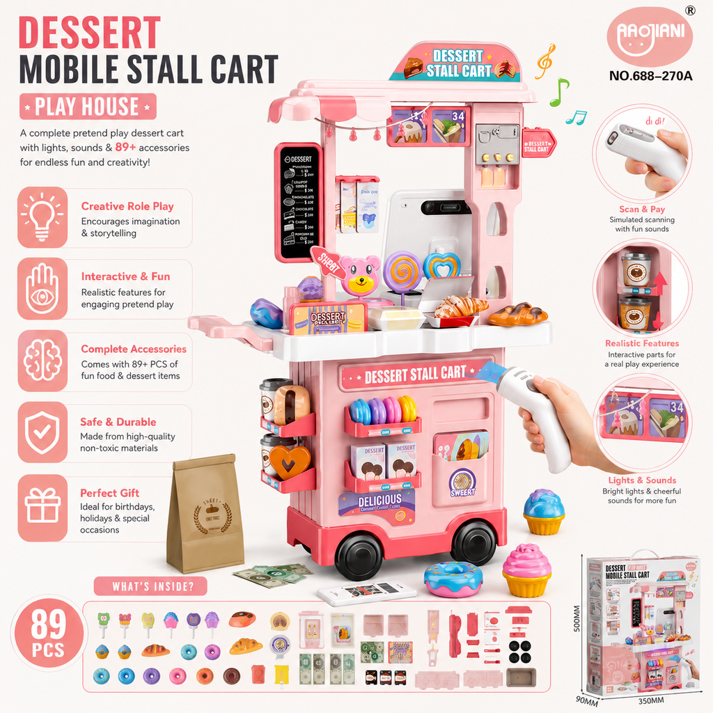 Dessert Mobile Stall Cart Playset with Scanner & 89PCS Accessories