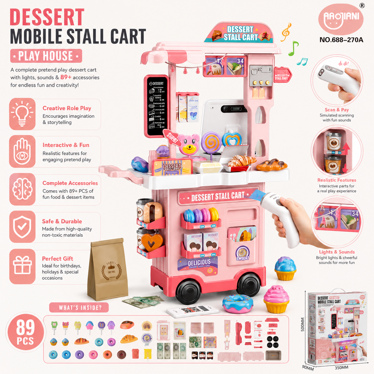 Dessert Mobile Stall Cart Playset with Scanner & 89PCS Accessories